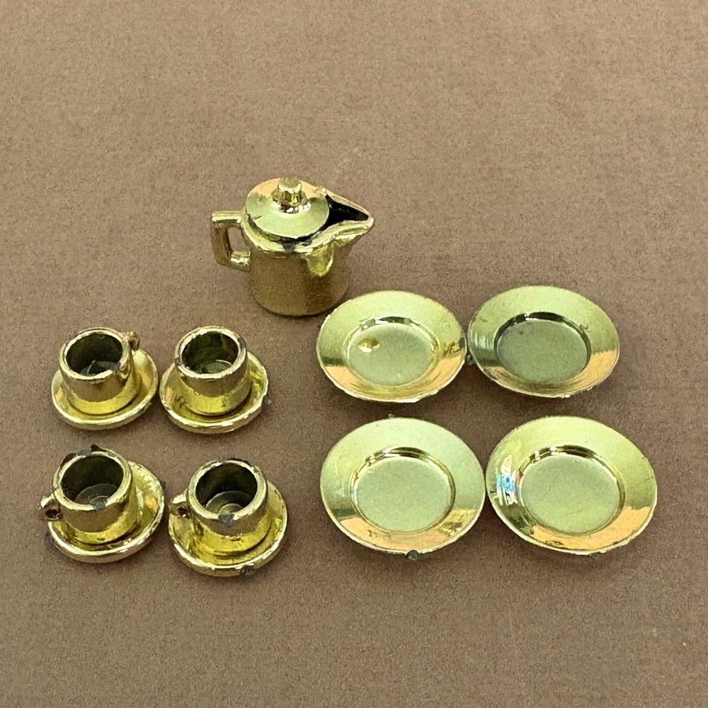 Vintage Miniature Tiny Tea Set Tea Cups, Tea Pot Plates Made in Hong Kong